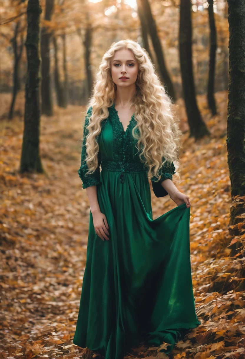 A woman with long blonde hair standing in a forest., curly blonde hair | long curly blonde hair, long curly fluffy blonde hair, long curly light blonde hair, beautiful green eyes beautiful blonde woman, curly blonde hair, curly blonde hair, Beautiful autumn spirit, Pale skin.
