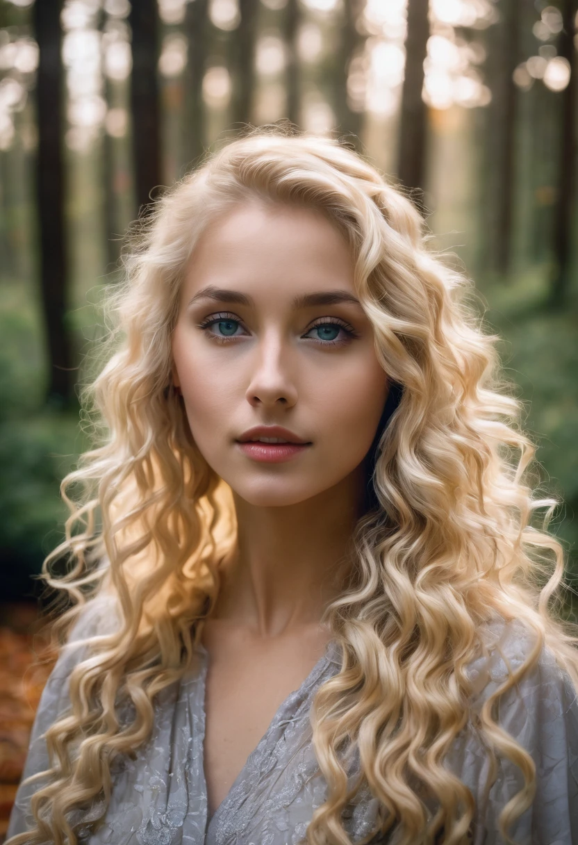 A woman with long blonde hair standing in a forest., curly blonde hair | long curly blonde hair, long curly fluffy blonde hair, long curly light blonde hair, beautiful green eyes beautiful blonde woman, curly blonde hair, curly blonde hair, Beautiful autumn spirit, Pale skin.
