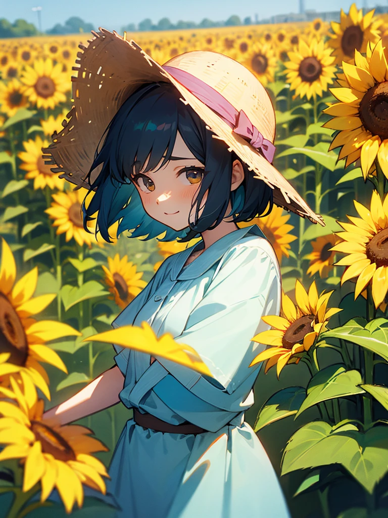  master piece, best quality, for below, cinematic angle, upper body , pigeon toed,  
Anime-style Moe illustration, summer vacation theme, 20-year-old woman, sunflower field, short hair, 
Picnic Maxi Dress, slightly inner thighs, smile, accurate drawing, Active pose, Active Angle, 