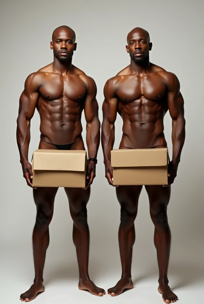 Two tall, bald, muscular, attractive jamaican men, full body, completely naked and without clothes, each covering their naked crotch taking a cardboard box around their waists, 