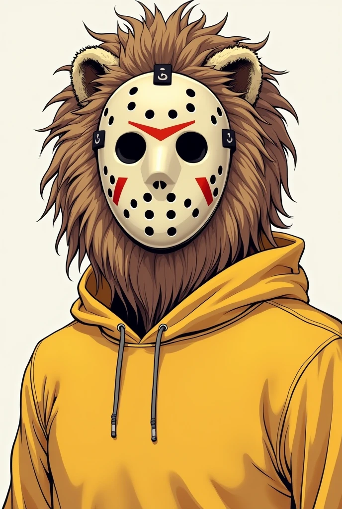 # To meet the following conditions、Create an image of a person wearing a mask(Jason Musk)The figure has a majestic lion headpiece on his head.、Furthermore, a chinchis covered on top of it.。
- The illustration should be in a manga style. - The person is wearing a yellow hoodie.