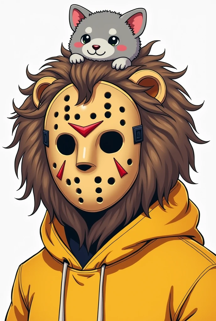 # To meet the following conditions、Create an image of a person wearing a hockey mask(Jason Musk)The figure has a majestic lion headpiece on his head.、Furthermore, a chinchilla is covered on top of it.。
- The illustration should be in a manga style. - The person is wearing a yellow hoodie.