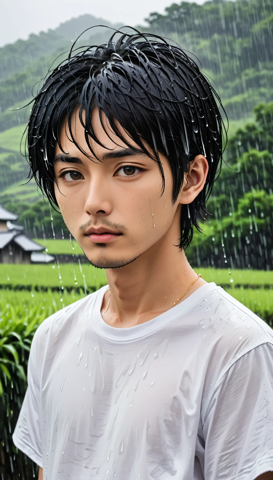 White T-shirt、male、24-years-old、background、Japanese、Black Hair、Bobcut、Upper Body、Close-up of face、rain、Japanese countryside。