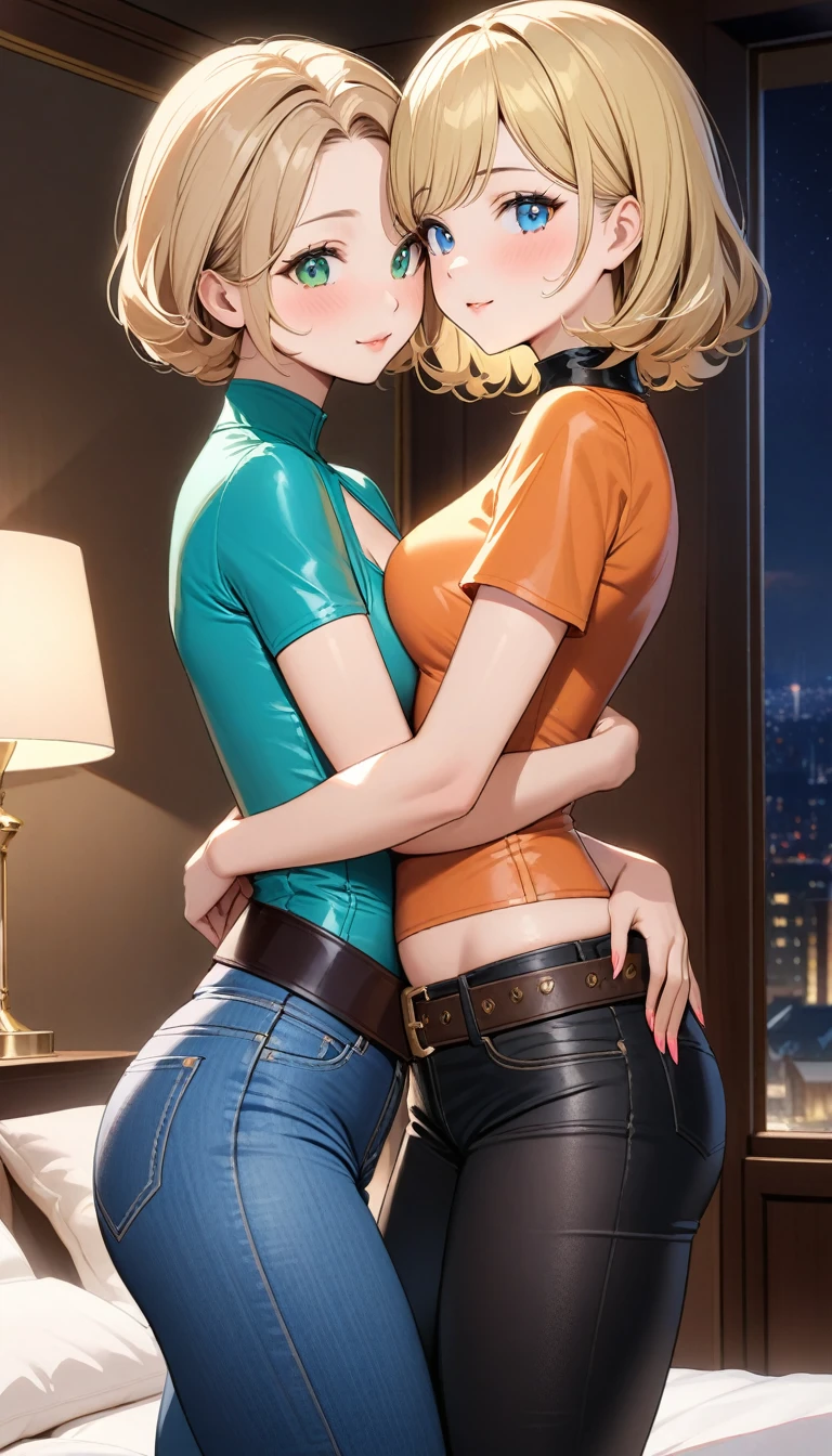 Two beautiful ladies ((lady 1: 35y old mom, with short straight blonde hair, lady 1 with blue eyes and caucasian skin, lady 1 wearing Tight Jeans and Leather Belt, lady 1 y Criss Cross Mock Neck Short Sleeves Orange Blouse)), ((lady 2: 13yughter, with short straight blonde hair, lady 2 with blue eyes and caucasian skin, lady 2 wearing Tight Jean Shorts and Leather Belt, lady 2 Sexy Crissoss Mock Neck Short Sleeves Green Blouse)), luxurious jewelry, 18k gold wedding ring on left hand, standing in their bedroom at night, hugginnd kissing each other, (light brown lipstick), (elegant mascara), (slim body), (small breasts), (wide endjourney, <lora:GoodHands-, <lora:GoodLegs-, UHD, high resolution, (expressive eyes, perfect face, full body, expressive face, perfect body, perfect pussy, athletic, fit, sody, blushing, Perfect makeup, eyeliner, beautiful eyelashes, smiling, horny face), ((best illumina best shadows)), ((sexy pose)), ((Front pov:1.1))