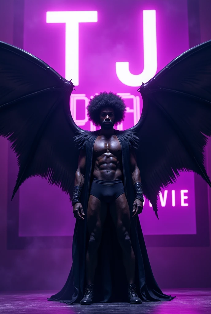 An afro male with huge evil wings performing on stage, with the word Tj Purple written on the background