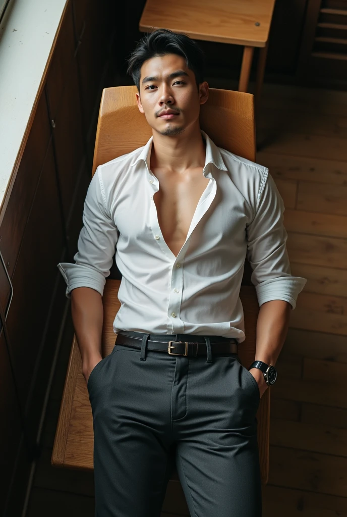 Asian man(korean,vietnamese,chinese,Japanese), 30 years old, Handsome and elegant,beardless, Wearing a transparent shirt, sexy , Masculine and handsome,musculous,Muscles look good,hairy bodies, with fair skin,, Full body photo,(ultra-detailed, photorealistic, best quality, 4k, 8k, highres, masterpiece:1.3), charming , (muscular build body), wearing tailored shiny dress shirt, with the top button casually undone, perfectly fitted charcoal trousers, sweat, unbutton buttons shirt, lewd face ,tight chest, sex, erotic, horny, Accessories include a luxury wristwatch in the Classroom,looking at viewer,muscle veins, sexy posing,lying on your back in classroom,top view,surrounded by boys