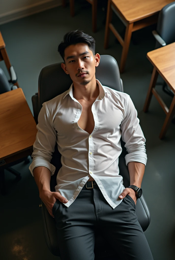 Asian man(korean,vietnamese,chinese,Japanese), 30 years old, Handsome and elegant,beardless, Wearing a transparent shirt, sexy , Masculine and handsome,musculous,Muscles look good,hairy bodies, with fair skin,, Full body photo,(ultra-detailed, photorealistic, best quality, 4k, 8k, highres, masterpiece:1.3), charming , (muscular build body), wearing tailored shiny dress shirt, with the top button casually undone, perfectly fitted charcoal trousers, sweat, unbutton buttons shirt, lewd face ,tight chest, sex, erotic, horny, Accessories include a luxury wristwatch in the Classroom,looking at viewer,muscle veins, sexy posing,lying on your back in classroom,top view,surrounded by boys