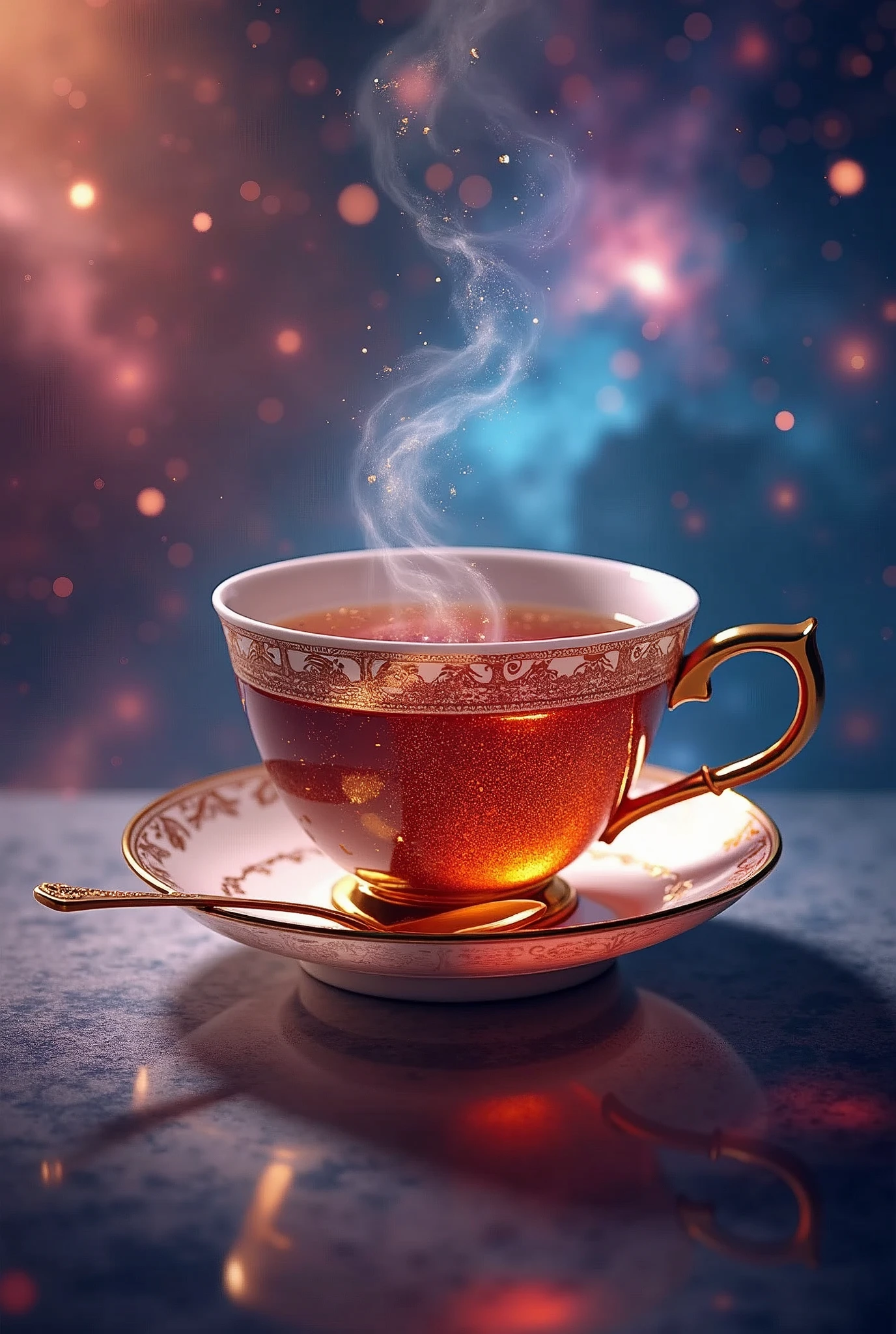 A luxurious tea spoon and a delicate tea cup set against a dazzling cosmic backdrop. The tea spoon, adorned with intricate patterns, and the finely crafted tea cup, filled with a rich, aromatic tea that shimmers like stardust, float gracefully in space. The tea cup's surface gently ripples, reflecting the vibrant colors of the nebulae and galaxies around it. Both items are bathed in ethereal, otherworldly light, with the cosmic scenery creating a sense of elegance and grandeur. The overall scene blends high-class sophistication with the breathtaking beauty of the universe.