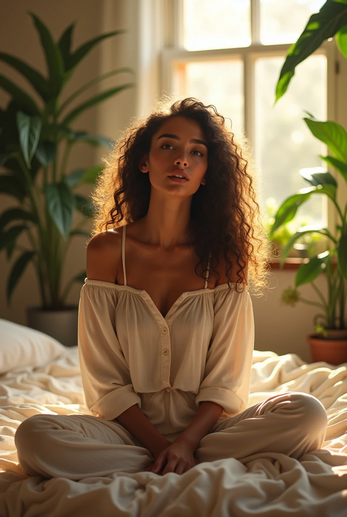 (photorealism:1.2), beautiful woman, sitting on bed, wearing loose off-shoulder top, pajama pants, long curly hair, indoors, soft lighting, plants in background, window with sunlight, cozy room, relaxed pose, realistic, intricate details, warm colors, by Greg Rutkowski, by Alphonse Mucha
