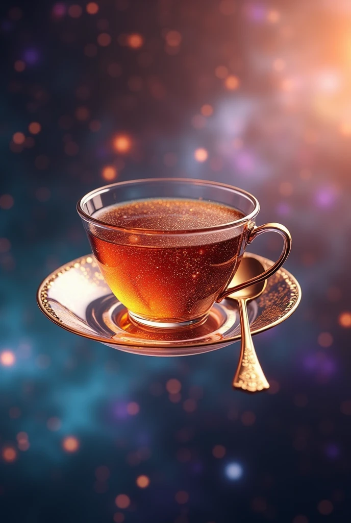 A luxurious tea spoon and a delicate tea cup set against a dazzling cosmic backdrop. The tea spoon, adorned with intricate patterns, and the finely crafted tea cup, filled with a rich, aromatic tea that shimmers like stardust, float gracefully in space. The tea cup's surface gently ripples, reflecting the vibrant colors of the nebulae and galaxies around it. Both items are bathed in ethereal, otherworldly light, with the cosmic scenery creating a sense of elegance and grandeur. The overall scene blends high-class sophistication with the breathtaking beauty of the universe.
