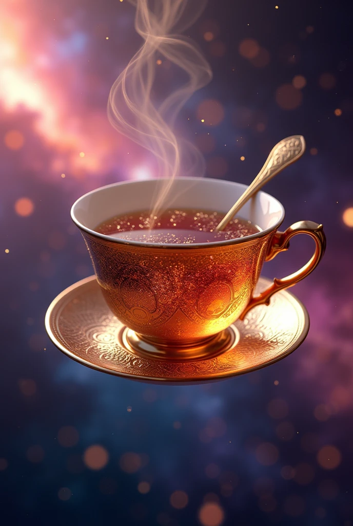 A luxurious tea spoon and a delicate tea cup set against a dazzling cosmic backdrop. The tea spoon, adorned with intricate patterns, and the finely crafted tea cup, filled with a rich, aromatic tea that shimmers like stardust, float gracefully in space. The tea cup's surface gently ripples, reflecting the vibrant colors of the nebulae and galaxies around it. Both items are bathed in ethereal, otherworldly light, with the cosmic scenery creating a sense of elegance and grandeur. The overall scene blends high-class sophistication with the breathtaking beauty of the universe.