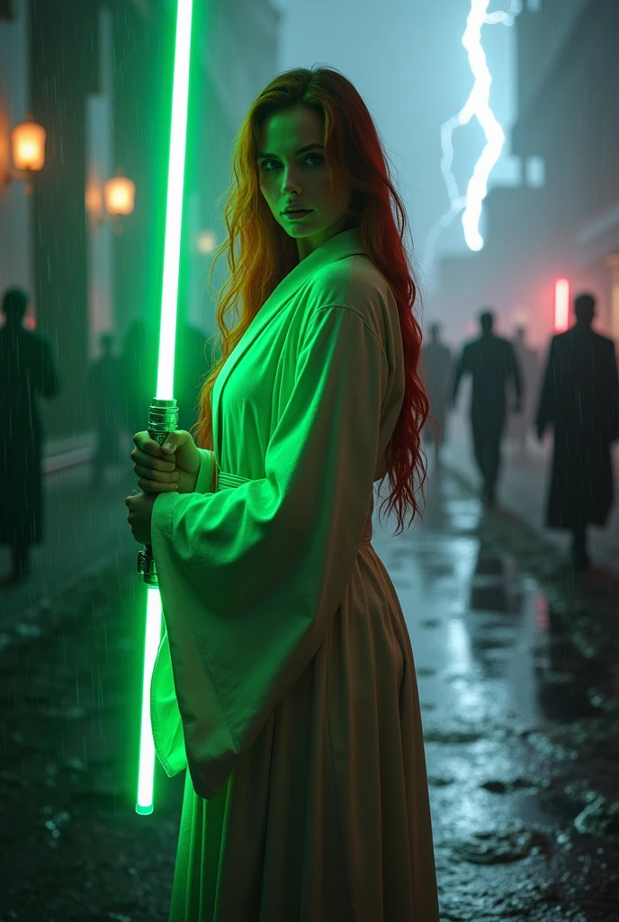 (full body shot:1) photorealistic image of a woman, ultrarealistic, photography, long red hair, woman, 24 years old, hourglass figure, perfect body, seductive look, natural medium breasts, blur background, in complete darkness, she is wearing a light jedi robe, she is holding a green lightsaber, the lightsaber is the only lightsource, on a dark destroyed space colony outside, it is raining, there are lightning strikes in the air in the background, she is standing there and protecting citizens while people run away in the background, long sexy legs, wet clothes, wet hair, dynamic shot, action shot, dynamic lighting