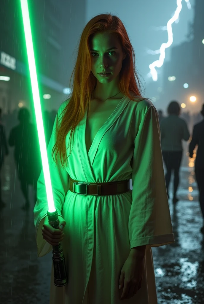 (full body shot:1) photorealistic image of a (standing pose:1) woman, ultrarealistic, photography, long red hair, woman, 24 years old, hourglass figure, perfect body, seductive look, natural medium breasts, blur background, in complete darkness, she is wearing a light jedi robe, she is holding a green lightsaber, the lightsaber is the only lightsource, on a dark destroyed space colony outside, it is raining, there is lightning in the background, she is standing there and protecting citizens, long sexy legs, wet clothes, wet hair