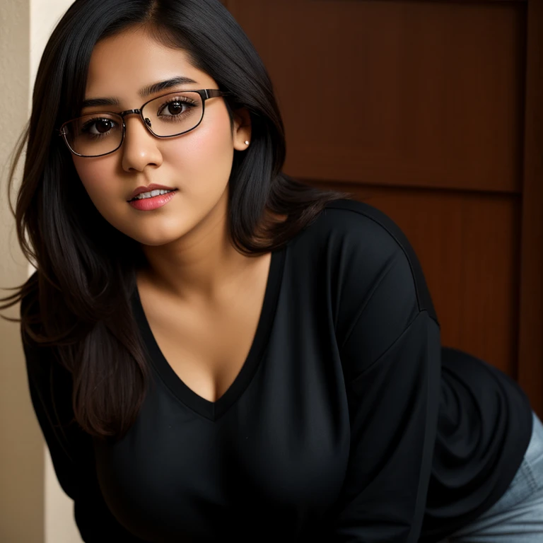 beautiful detailed, cute face, short, mexican teen, medium black hair, black hair over one eye, glasses, long-sleeved tucked in v neck T-shirt, long pants, solo, voluptuous breasts, full body photo,