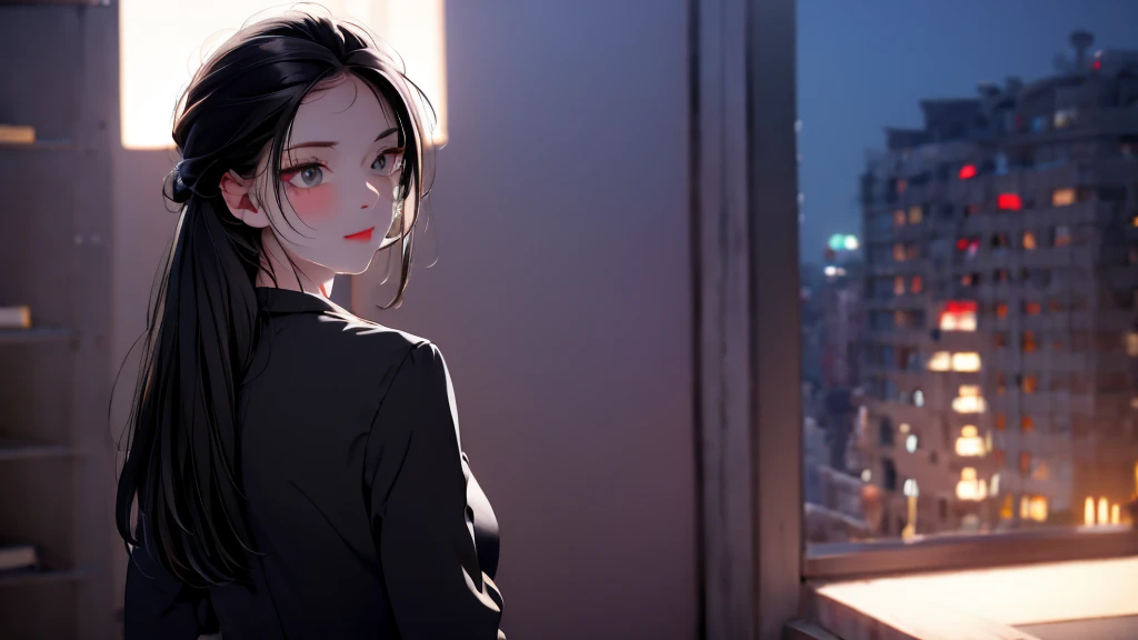 1 Girl, medium light black hair, light white eyes , wearing black Suit 4D , night TOWN , high res, ultrasharp, 8K, masterpiece, looking from behind
