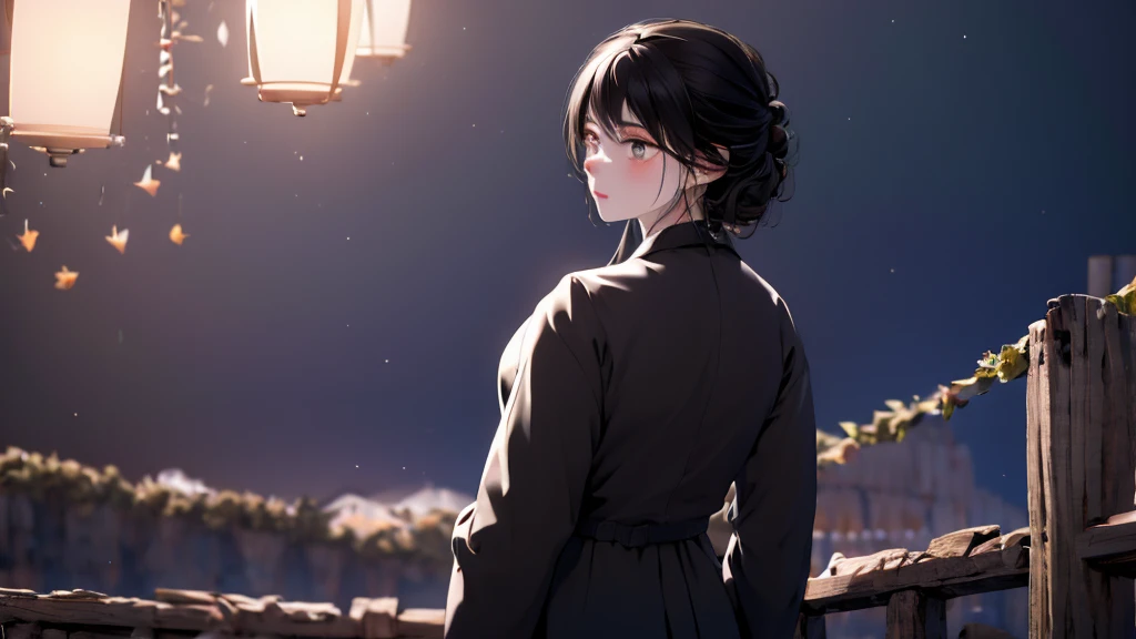 1 Girl, medium light black hair, light white eyes , wearing black Suit 4D , night TOWN , high res, ultrasharp, 8K, masterpiece, looking from behind