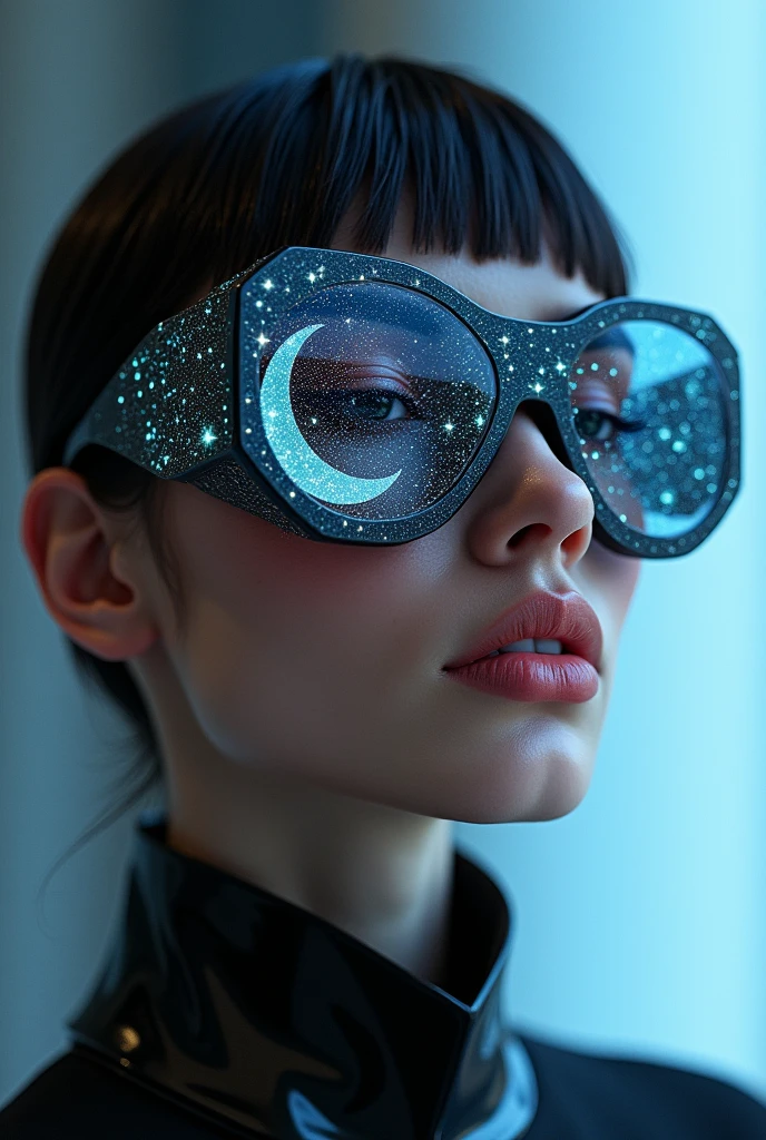 The model is wearing glass sunglasses with stars and the moon on the glass
