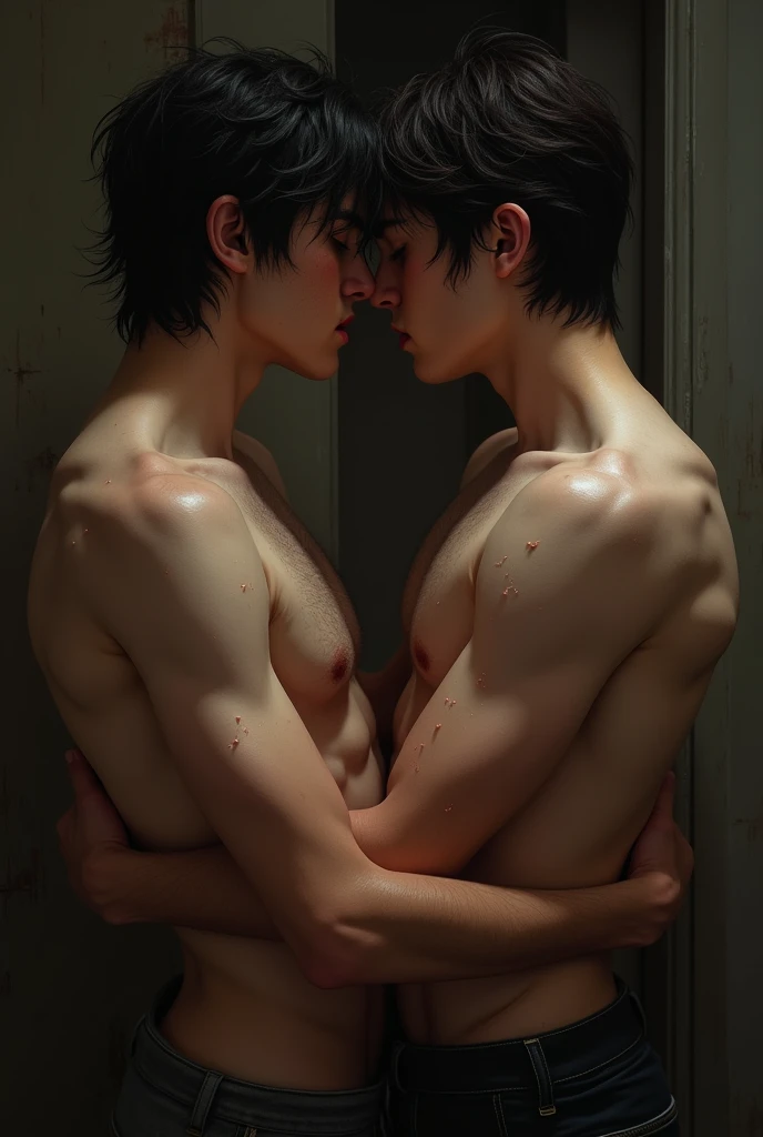 twink, gay, emo, wearing no shirt, Unclothed, hugging another gay emo, naughty man, sexly, very sweaty, hair in the armpit, just in underwear, a lot of sweat indeed, quite, panting, sex