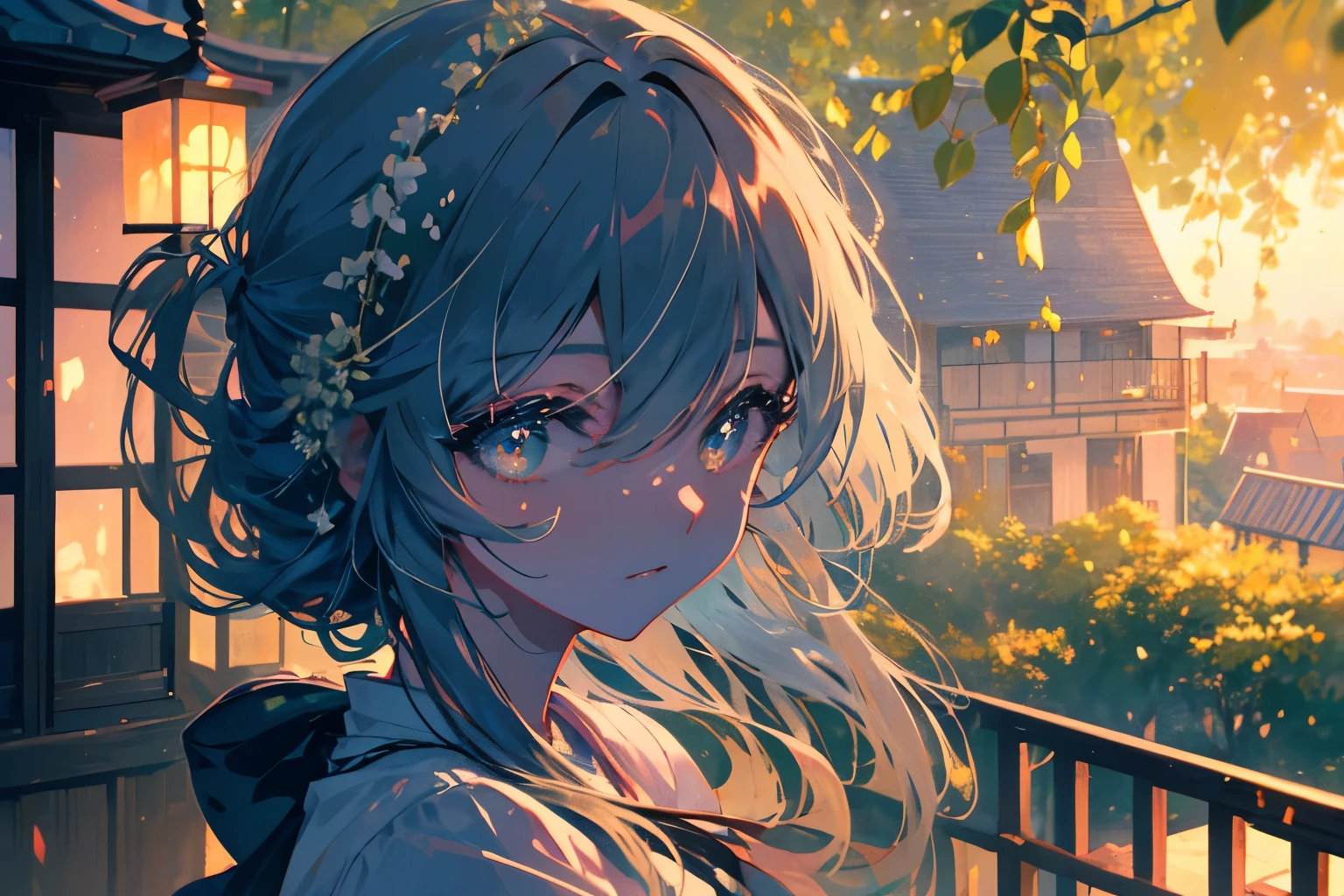 Create exquisite illustrations reminiscent of Makoto Shinkai's style, It has ultra-fine details and top-notch quality. Create a high-quality illustration depicting a beautiful girl sitting on the veranda of an old Japanese house on a summer day, with wind chimes producing a cool, refreshing sound. The scene should evoke a sense of nostalgia and enchantment, with intricate details and a dreamy atmosphere. The girl's features should be beautifully rendered, capturing her serene and content expression as she enjoys the moment. The veranda should include elements like wooden flooring, traditional sliding doors, and the gentle sway of wind chimes. The garden in the background should have lush greenery that moves gently in the breeze, enhancing the nostalgic and magical feel. Every element should be meticulously crafted to immerse the viewer in a nostalgic and enchanting summer moment. best quality, masterpiece, expressive eyes, gorgeous, vivid, perfect face, smile, happyness, 2eyes, emotion, detailed pupils, vivid pupils,stunning, life, relfection, peace, warm, compsition, artistic, 4k, wallpaper, bonnet, wind, glowing eyes