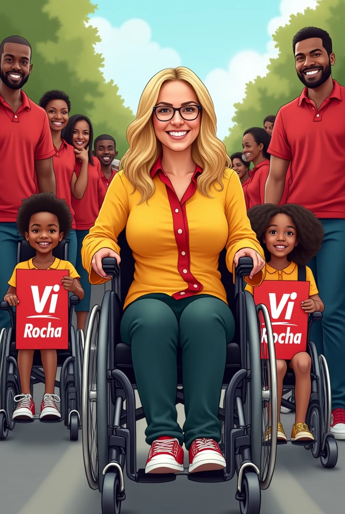 I am a wheelchair user, white, have brown eyes and long blond and dark hair and I am a candidate for councilor.. I would like you to create a caricature of a wheelchair user in front with a yellow and red blouse and happy and a crowd of brown men and women., white, happy black people dressed in red and yellow and in the middle of the crowd children and adults in wheelchairs and holding signs with the name Vi Rocha in red