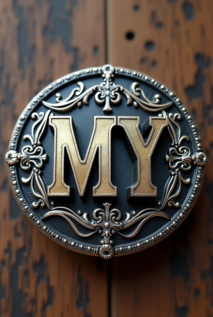 Generate an image where you put the initials MY for a fancy circular ranch buckle and the letters cross if