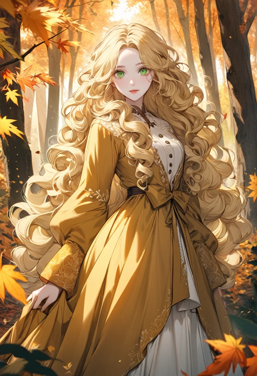 A woman with long blonde hair standing in a forest., curly blonde hair | long curly blonde hair, long curly fluffy blonde hair, long curly light blonde hair, beautiful green eyes beautiful blonde woman, curly blonde hair, curly blonde hair, Beautiful autumn spirit, Pale skin.
