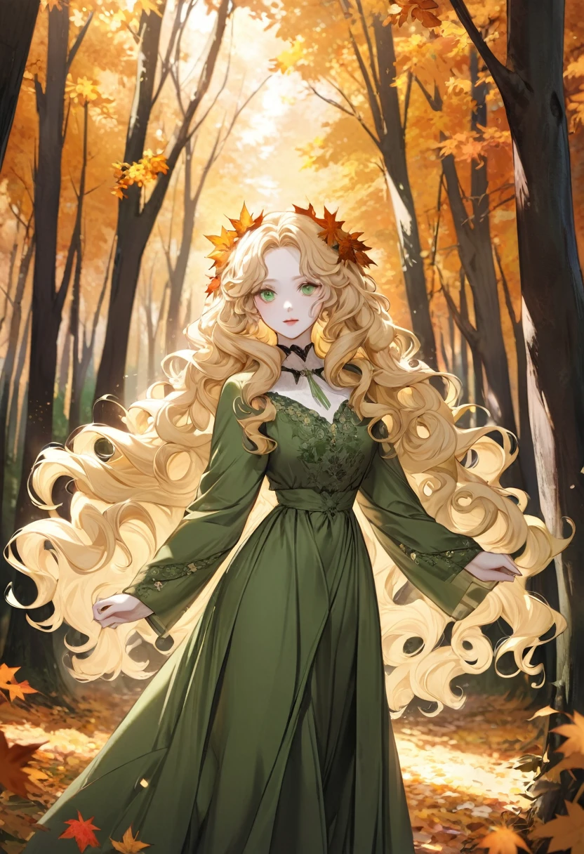 A woman with long blonde hair standing in a forest., curly blonde hair | long curly blonde hair, long curly fluffy blonde hair, long curly light blonde hair, beautiful green eyes beautiful blonde woman, curly blonde hair, curly blonde hair, Beautiful autumn spirit, Pale skin.
