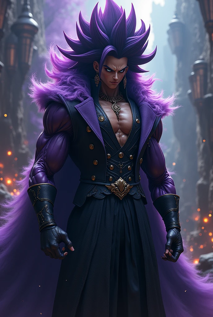 (photorealism:1.2), vegito,potara,goku and vegeta fusion,fusion potara earring,tall,sayian,muscular,dark warrior king clothes,fancy vest suit,fantasy goth,dark,dominant