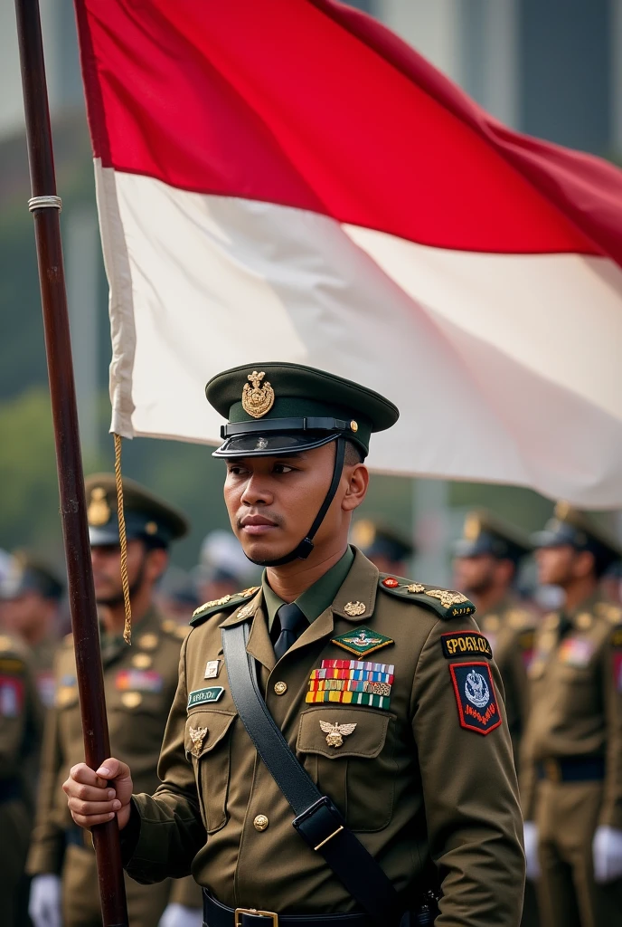 a general carrying the Indonesian flag