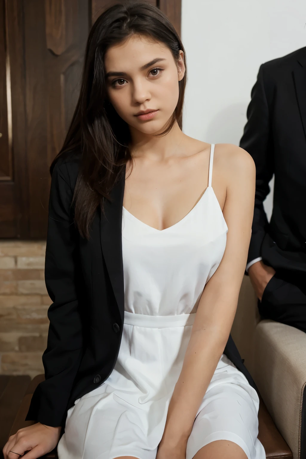 Girl sit next down to a men, girl wear white dress, man wear black suit, man look at the girl, girl have the knifebehind
