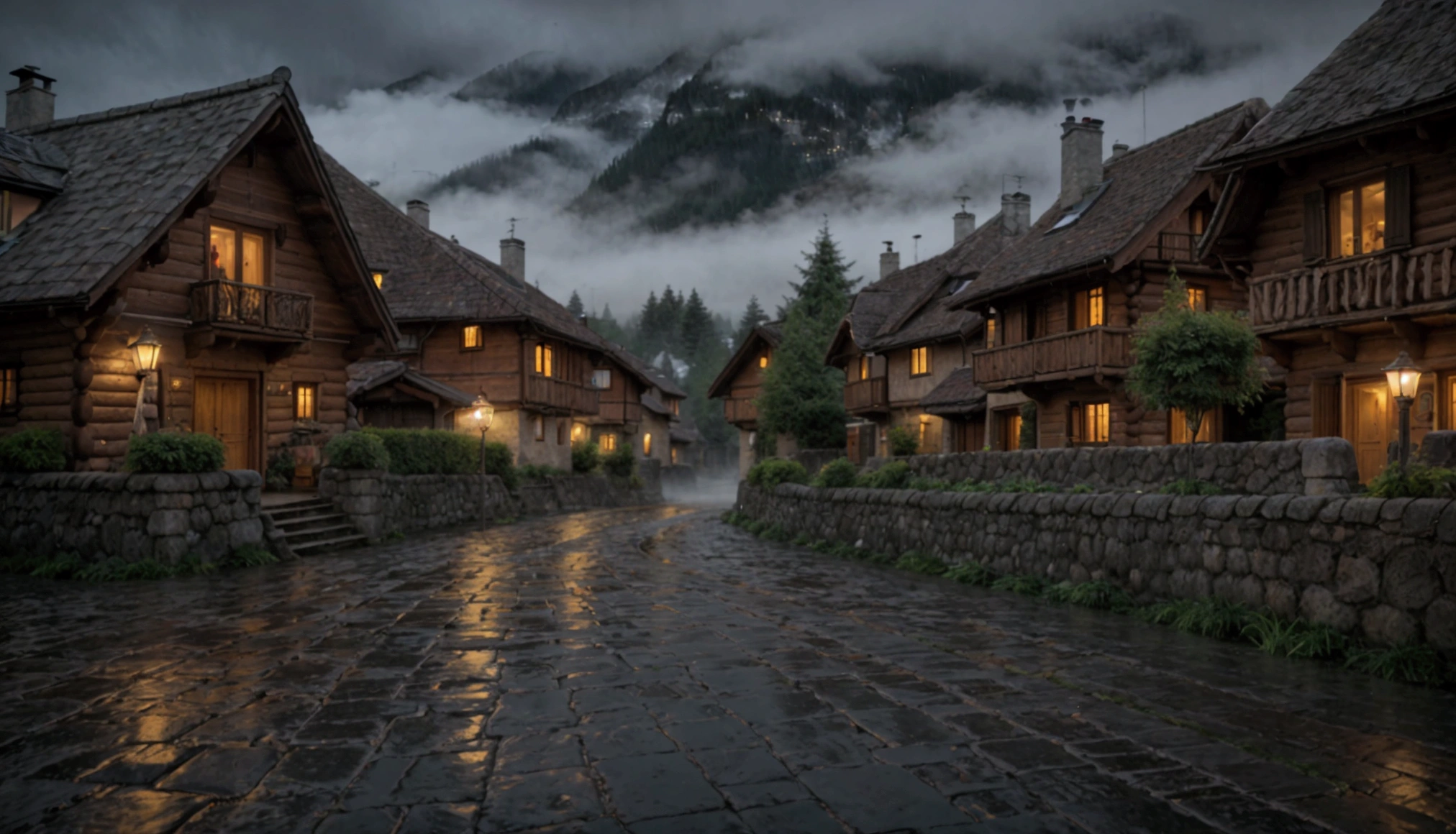 A serene Swiss village at night, shrouded in the gentle embrace of rain. Traditional wooden chalets with dimly lit windows line the narrow, winding streets, their sloping roofs glistening with raindrops. The cobblestone paths are slick and reflective, mirroring the warm glow of street lanterns that cast a soft light on the wet surfaces. Tall pine trees and distant mountains are barely visible through the mist and darkness, adding a sense of mystery. The sound of rain tapping on rooftops and the occasional ripple in a nearby stream create a calm, peaceful ambiance, as the village sleeps under the cloudy night sky.