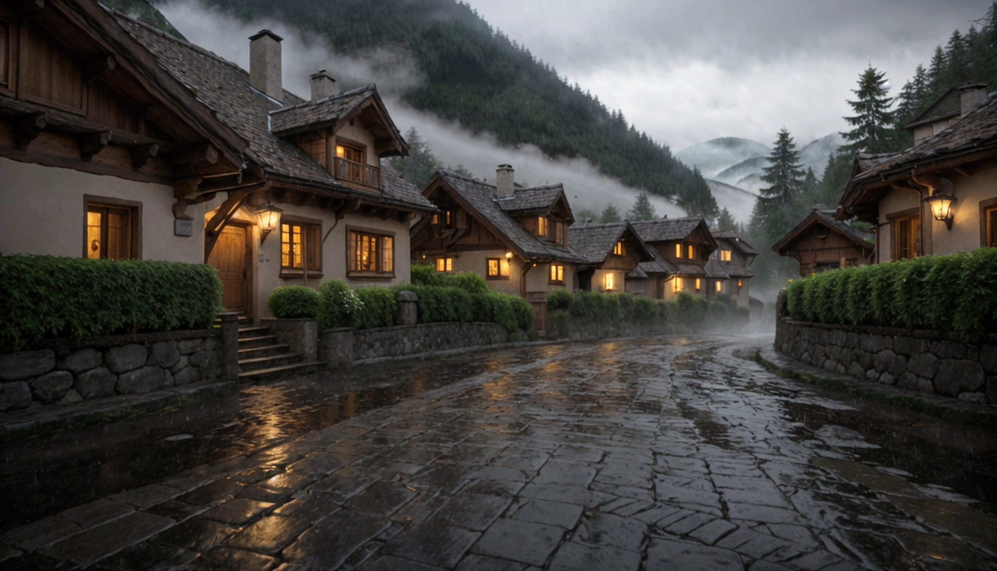 A serene Swiss village at night, shrouded in the gentle embrace of rain. Traditional wooden chalets with dimly lit windows line the narrow, winding streets, their sloping roofs glistening with raindrops. The cobblestone paths are slick and reflective, mirroring the warm glow of street lanterns that cast a soft light on the wet surfaces. Tall pine trees and distant mountains are barely visible through the mist and darkness, adding a sense of mystery. The sound of rain tapping on rooftops and the occasional ripple in a nearby stream create a calm, peaceful ambiance, as the village sleeps under the cloudy night sky.