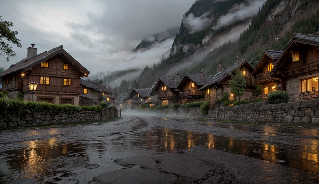 A serene Swiss village at night, shrouded in the gentle embrace of rain. Traditional wooden chalets with dimly lit windows line the narrow, winding streets, their sloping roofs glistening with raindrops. The cobblestone paths are slick and reflective, mirroring the warm glow of street lanterns that cast a soft light on the wet surfaces. Tall pine trees and distant mountains are barely visible through the mist and darkness, adding a sense of mystery. The sound of rain tapping on rooftops and the occasional ripple in a nearby stream create a calm, peaceful ambiance, as the village sleeps under the cloudy night sky.