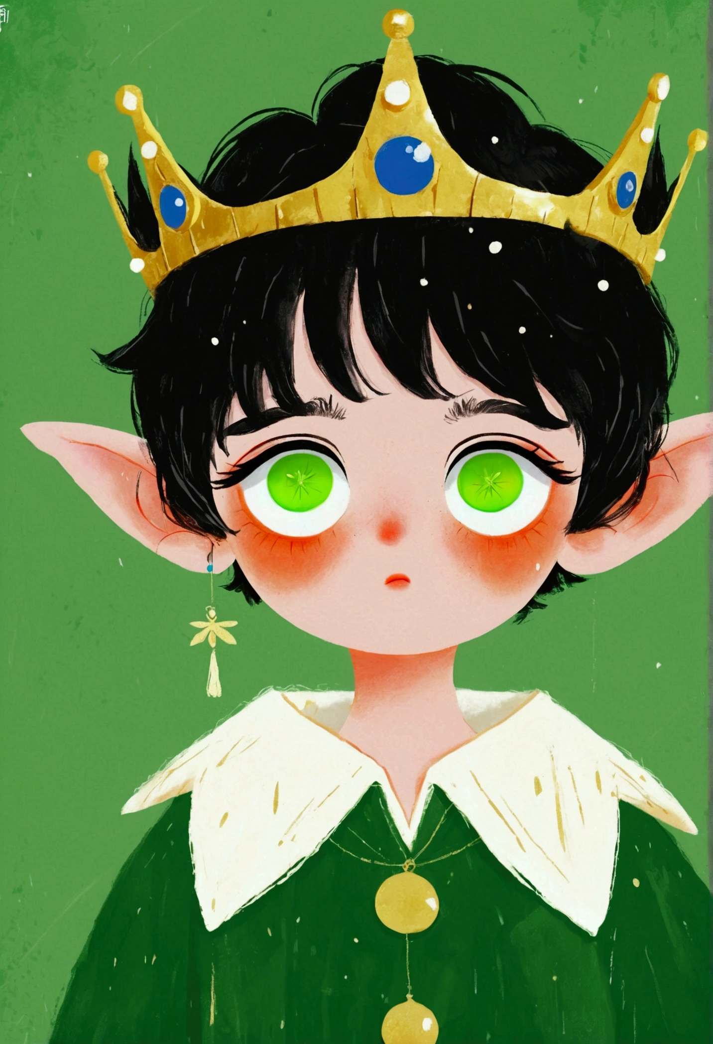Japanese Anime,Second dimension,Horror style,horror character,(((Three-eyed boy,solo,The third eye on the forehead,Dark eyeshadow,White short hair,Elf ears,Green Skin,Exaggerated golden crown-eyeball decoration))),(((Japanese clothing))).(((Thin waist,Green belt:1.6))).Solid pink background