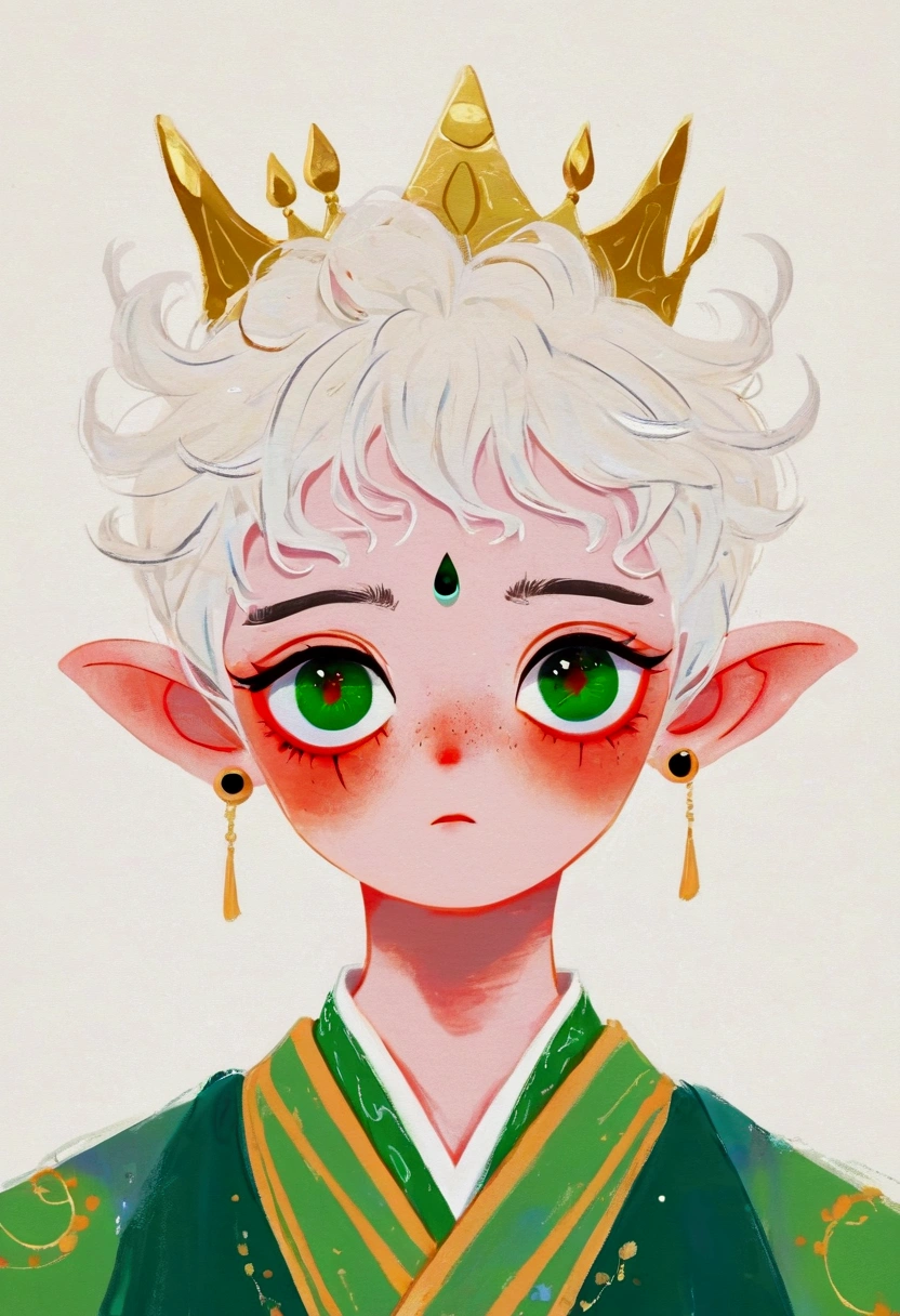 Japanese Anime,Second dimension,Horror style,horror character,(((Three-eyed boy,solo,The third eye on the forehead,Dark eyeshadow,White short hair,Elf ears,Green Skin,Exaggerated golden crown-eyeball decoration))),(((Japanese clothing))).(((Thin waist,Green belt:1.6))).Solid pink background
