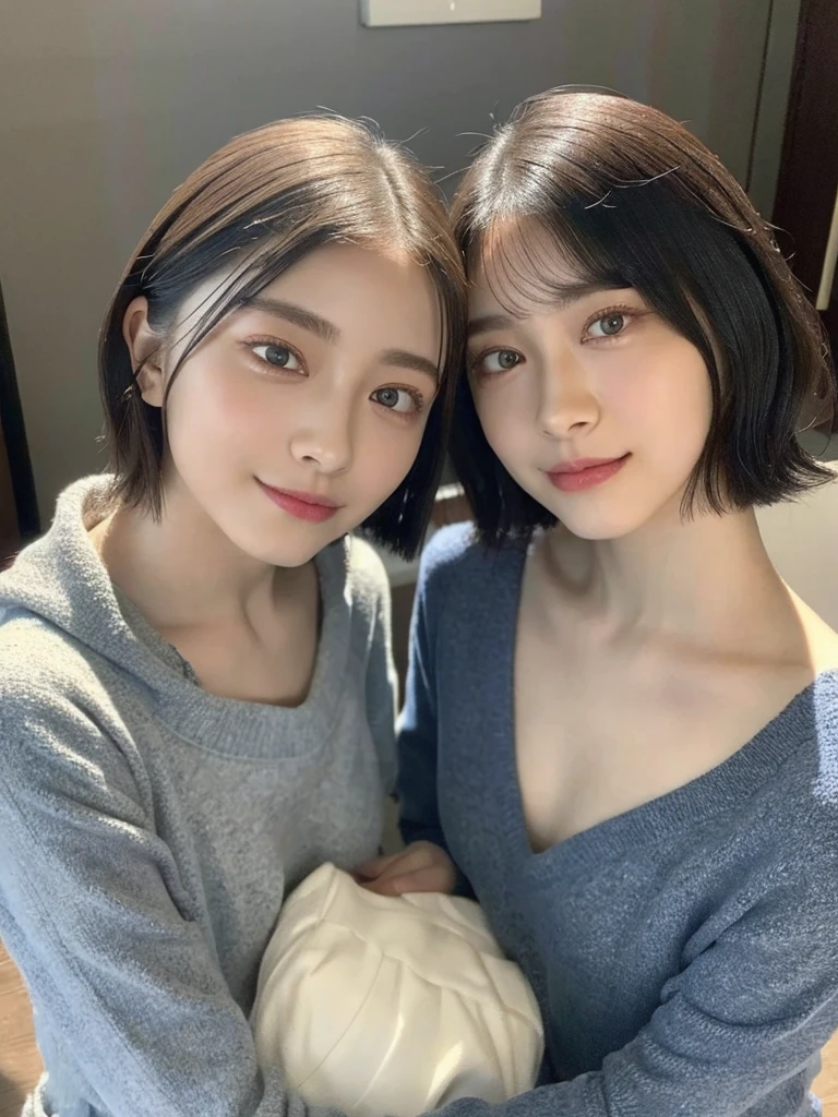 (masterpiece:1.3), (8k, Photoreal, Raw photo, best image quality: 1.4), Japanese high school girl、(random hairstyle:1.2)、cleavage:1.5、super detail face、eye for details、double eyelid、chest to chest、sharp focus:1.2、Beautiful woman:1.4、light brown hair、highest quality、masterpiece、超A high resolution、(Photoreal:1.4)、Highly detailed and professionally lit smiles、loose and light knitwear、shoulder out、thin、serious expression、short haired、deadly position
similar identical twins
All the girls have the exact same face, The two have the same face and figure, as if they were mirror images.