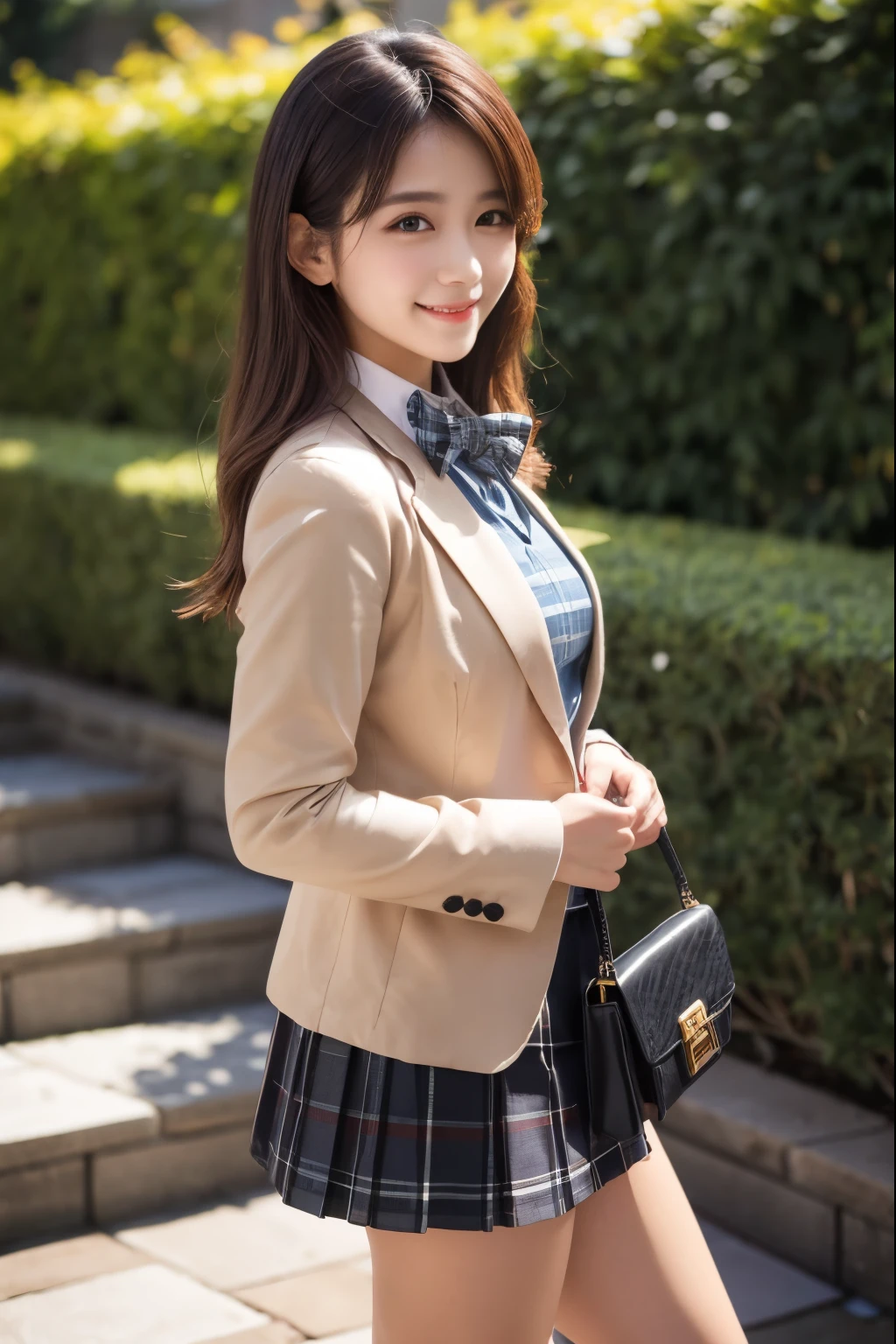 very cute and beautiful girl,(smile),happy,looking at viewer,
(blazer beige jacket),collared shirt,plaid bowtie BREAK detailed legs,zettai ryouiki,brown shoulder bag,brown boots,
stylish pose,dynamic angle,hair ornament,black hair,(blue plaid mini skirt),arbor in rose garden,stone stairs,
solo,real person,photorealistic,8k,raw photo,