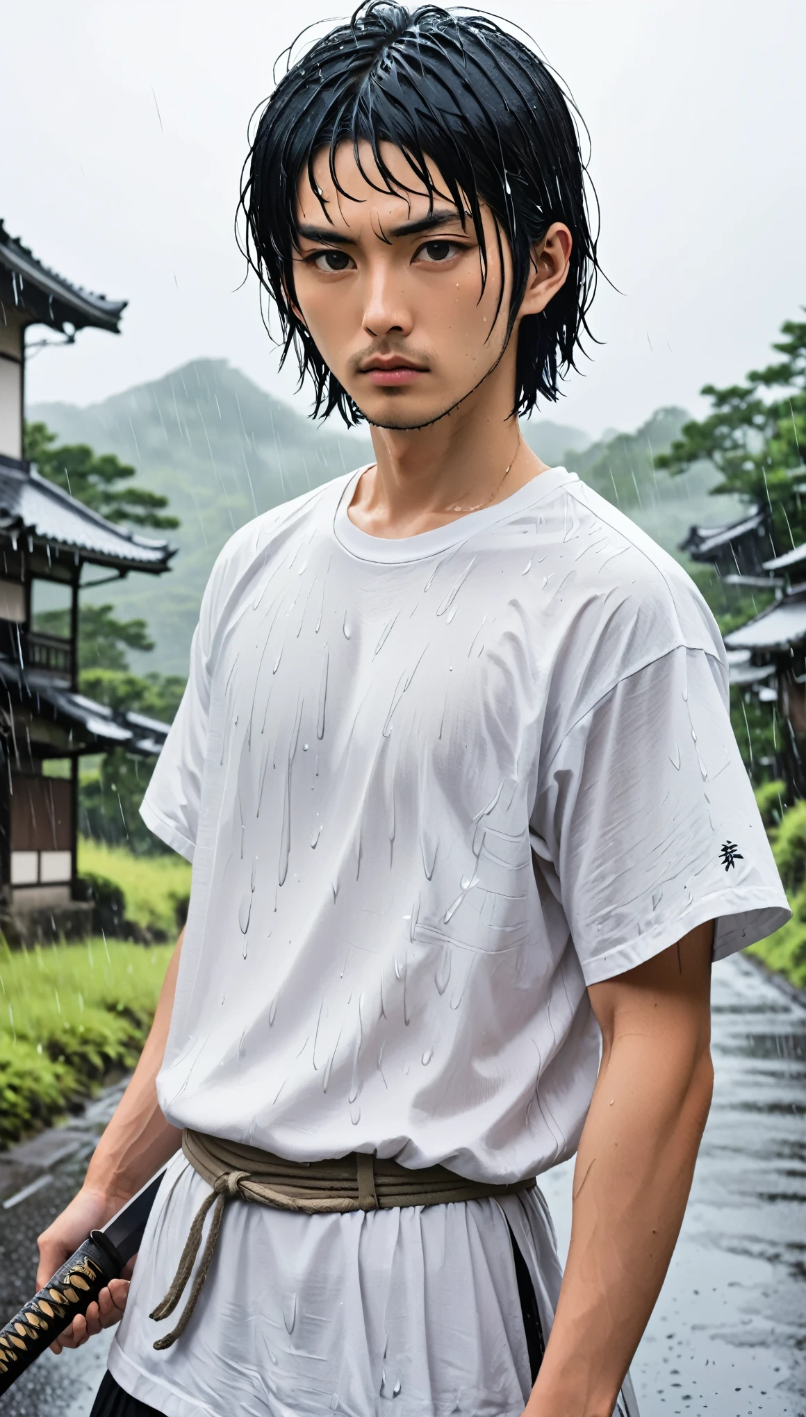 White T-shirt、male、24-years-old、background、Japanese、Black Hair、Bobcut、Holding a Japanese sword、Close-up of face、rain、Japanese countryside。
