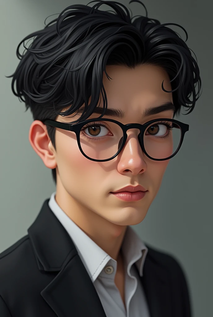  Imagine a 22 year old, with black hair and short, well aligned and with a modern style. He wears glasses that not only help him see better, but they also add a touch of sophistication to your look. The glasses have an elegant frame, perhaps in a rounded or rectangular shape, that suits your face shape well and enhances your expression. Your gaze is attentive and expressive, and your personal style reflects a mix of confidence and relaxation, showing that he knows how to stand out in a subtle and authentic way.
