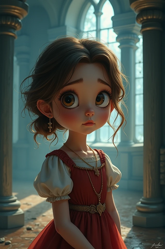 Create a full-body portrait of Princess Alice in The Tale of Snow White to capture a moment of deep contemplation. Her expression should be a mixture of curiosity and a hint of unease, as if she is deeply questioning reality and her place in it. Her large eyes should be wide open, reflecting the surreal world around her. Such as the dwarf in Snow White. The lighting should be soft yet dramatic, casting gentle shadows that emphasise the depth of her thoughts. Her hair is slightly dishevelled, as if she has been on a long journey, adding to the sense that she is pensive. The colour palette is a mix of soft pastels and dark, introspective tones, creating a balance between innocence and the complexity of her thoughtsExcellent HD 8K Snow White art cartoon princess, scenery inside a castle