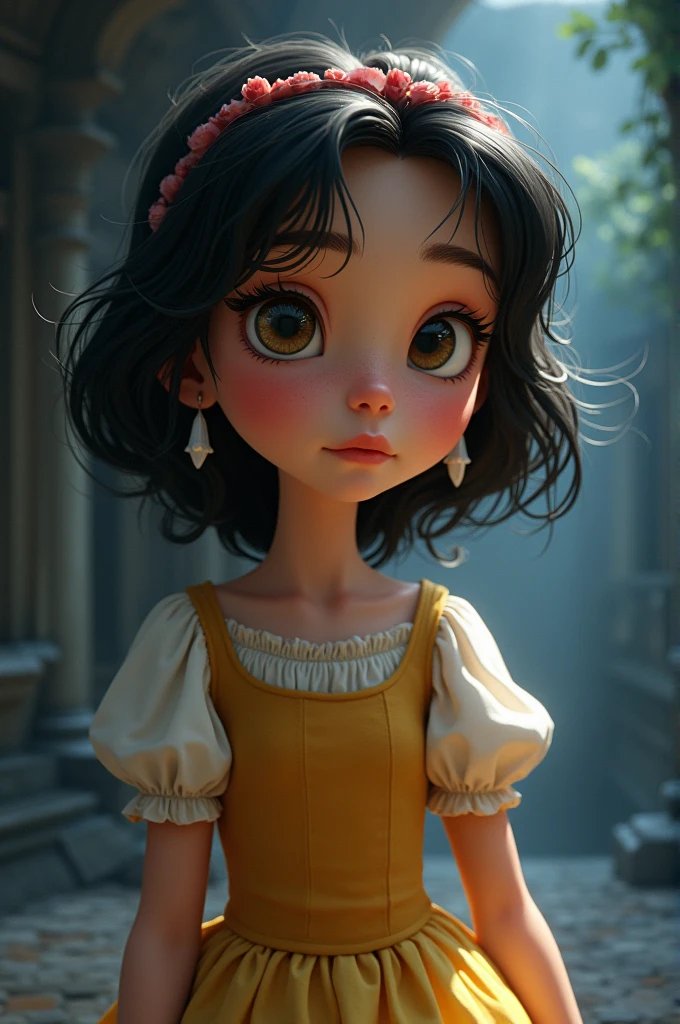 Create a full-body portrait of Princess Alice in The Tale of Snow White to capture a moment of deep contemplation. Her expression should be a mixture of curiosity and a hint of unease, as if she is deeply questioning reality and her place in it. Her large eyes should be wide open, reflecting the surreal world around her. Such as the dwarf in Snow White. The lighting should be soft yet dramatic, casting gentle shadows that emphasise the depth of her thoughts. Her hair is slightly dishevelled, as if she has been on a long journey, adding to the sense that she is pensive. The colour palette is a mix of soft pastels and dark, introspective tones, creating a balance between innocence and the complexity of her thoughtsExcellent HD 8K Snow White art cartoon princess, scenery inside a castle
