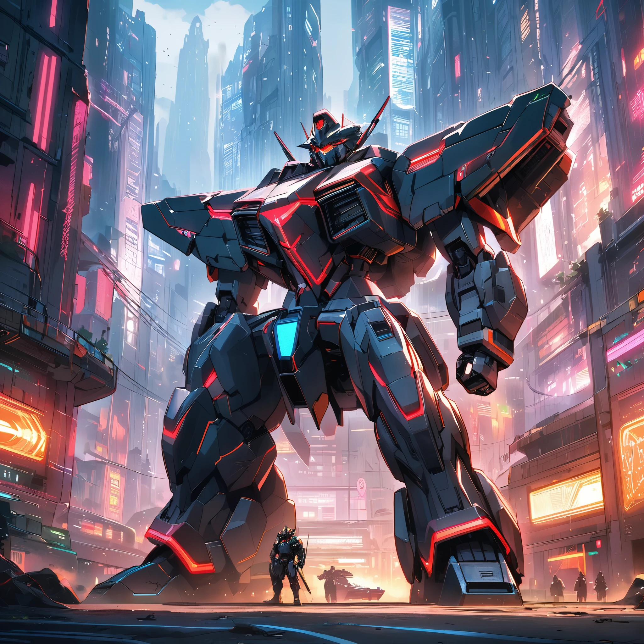 A transformer stands next to a heavily armored Cybertronian Tank, sci fi city scape with lots of neon trim