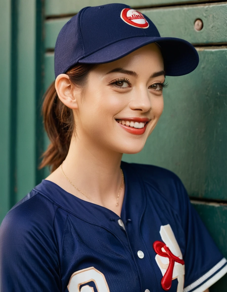 Quite a bit body, Realistic photograph of A gorgeous young asian girl in a fishnets baseball uniform outfit, beautiful long slender slimmed face Japanese girl, smiling, realistic human texture skinned, still from the film, (solo), ((Marion Cotillard: 0.9)), blended mixed face, ((Anne Hathaway:1.2)),rose gold hair, indigo eyes, (medium breasts), (petite body), messy hair, ponytail, medium length hair, looking at viewer, opened baseball shirt, outdoors, gold lockers room, taut clothing, baseball cap, low-angle view, view from behind, back, cowboy shot, baseball pants, (masterpiece, best quality, very aesthetic, ultra detailed), intricate details, beautiful face, detailed eyes, detailed background, light from above, shiny skin, oiled skin, (Leica SL3, Summicron-SL 75 f/8 ASPH, kodak gold 400 film),