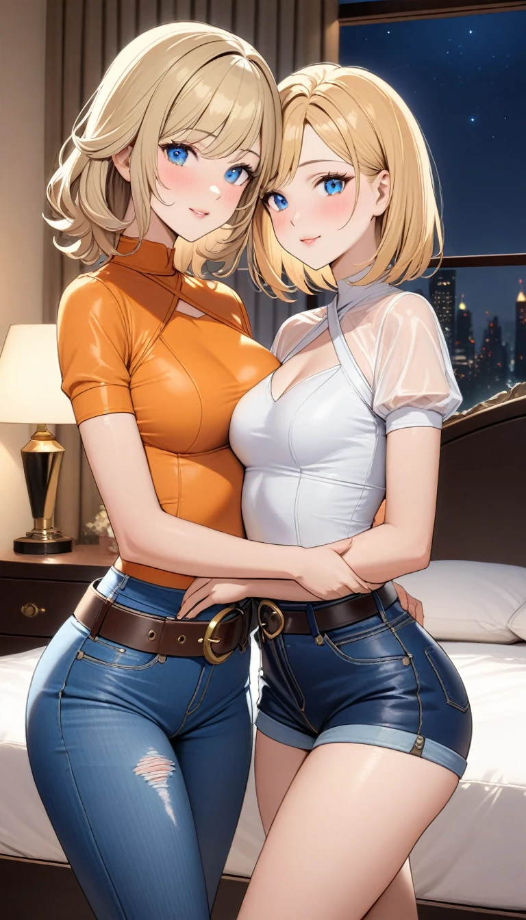 Two beautiful ladies ((lady 1: 35y old mom, with short straight blonde hair, lady 1 with blue eyes and caucasian skin, lady 1 wearing Tight Jeans and Leather Belt, lady 1 Sexy Criss Cross Mock Neck Short Sleeves Orange Blouse)), ((lady 2: 13y old daughter, with short straight blonde hair, lady 2 with blue eyes and caucasian skin, lady 2 wearing Tight Jean Shorts and Leather Belt, lady 2 Sexy Criss Cross Mock Neck Short Sleeves Green Blouse)), luxurious jewelry, 18k gold wedding ring on left hand, standing in their bedroom at night, hugging and kissing each other, (light brown lipstick), (elegant mascara), (slim body), (small breasts), (wide hips), endjourney, <lora:GoodHands-, <lora:GoodLegs-, UHD, high resolution, (expressive eyes, perfect face, full body, expressive face, perfect body, perfect pussy, athletic, fit, slim body, blushing, Perfect makeup, eyeliner, beautiful eyelashes, smiling, horny face), ((best illumination, best shadows)), ((sexy pose)), ((Front pov:1.1))