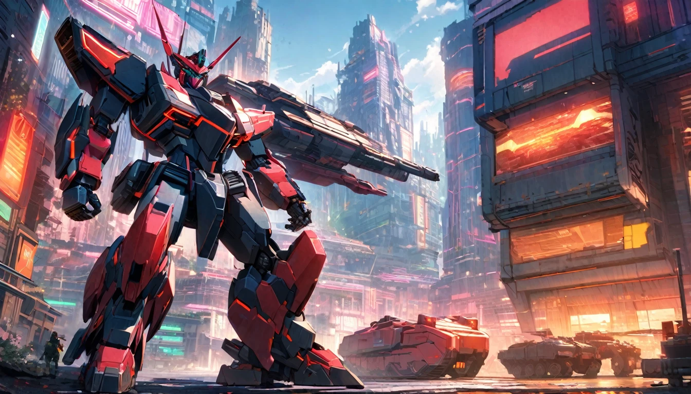 A transformer stands next to a heavily armored Cybertronian Tank, sci fi city scape with lots of neon trim
