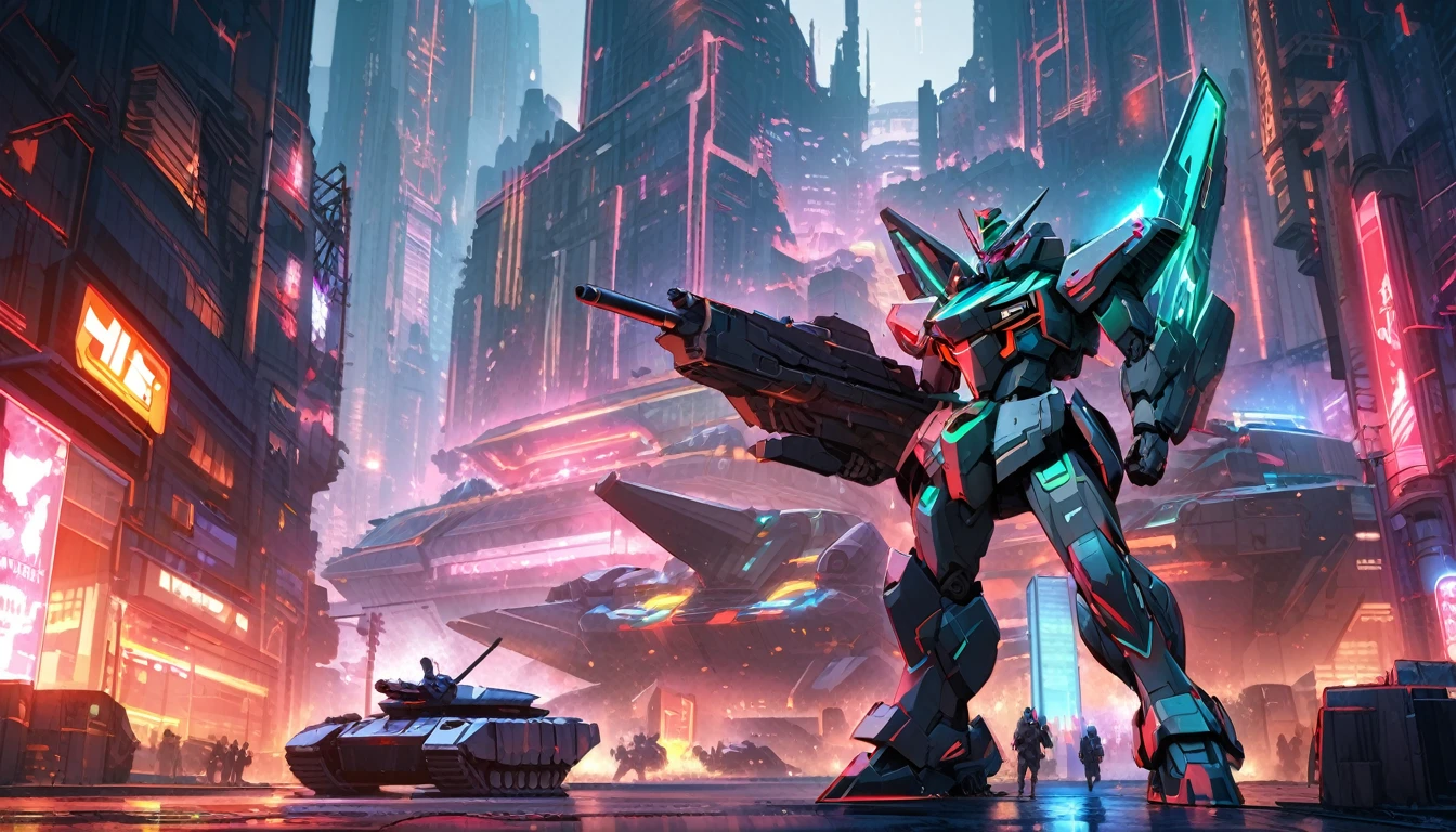 A transformer stands next to a heavily armored Cybertronian Tank, sci fi city scape with lots of neon trim
