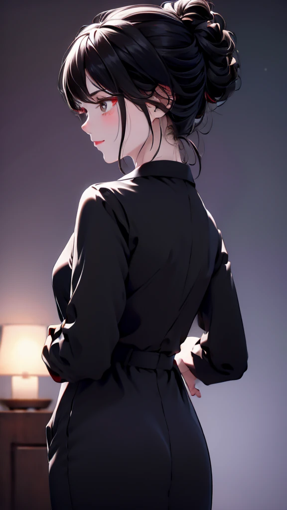 1 Girl, medium light black hair, light white eyes , wearing black Suit 4D , night TOWN , high res, ultrasharp, 8K, masterpiece, looking from behind