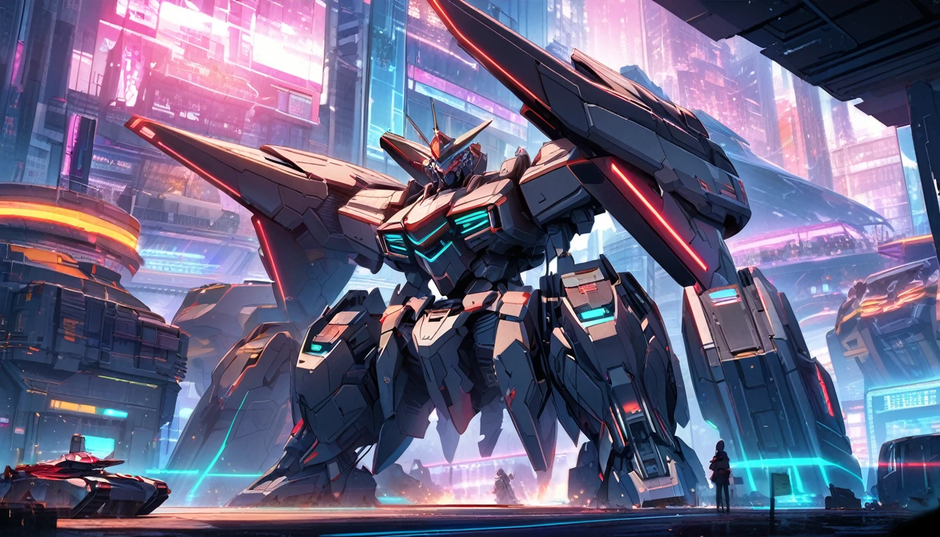 A transformer stands next to a heavily armored Cybertronian Tank, sci fi city scape with lots of neon trim