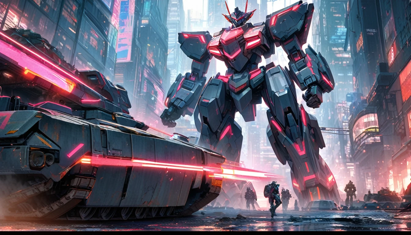 A transformer stands next to a heavily armored Cybertronian Tank, sci fi city scape with lots of neon trim
