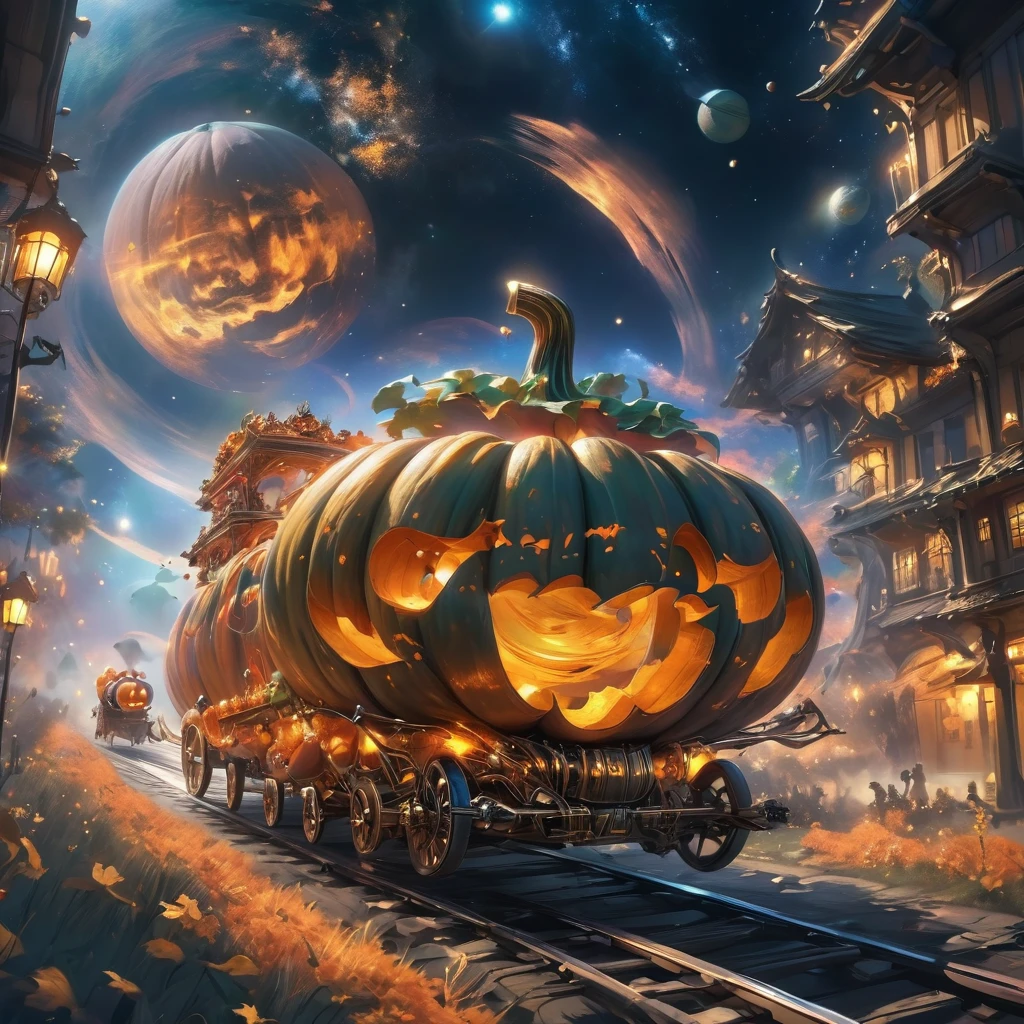 Pumpkin carriage、Pumpkin carriage in a sci-fi world、Pumpkin carriageのような形の宇宙船、Pumpkin carriage moving through space、universe space、Warp Navigation、Long Exposure、